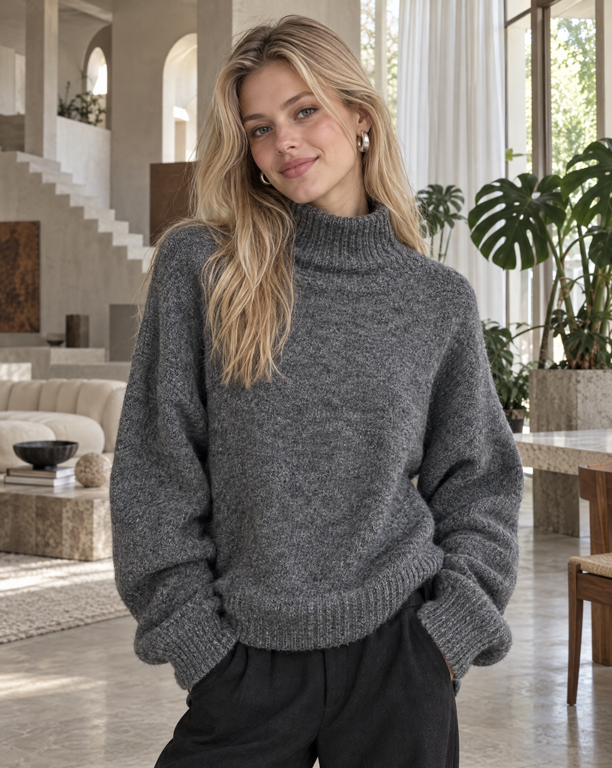 Grauer Rollkragenpullover Mirella, Nahaufnahme der Strickstruktur