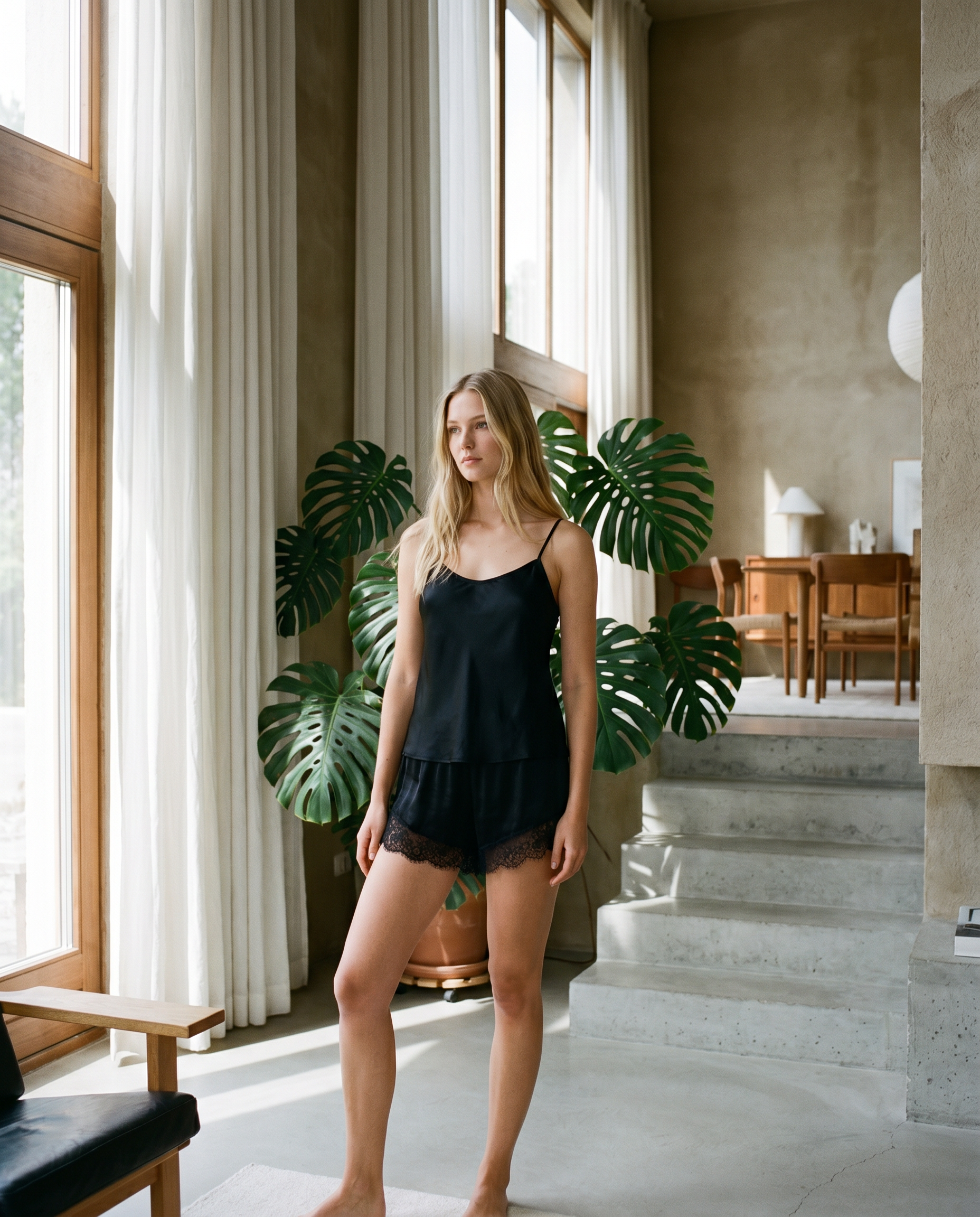 Shorts Silky Schwarz getragen mit passendem Camisole-Top