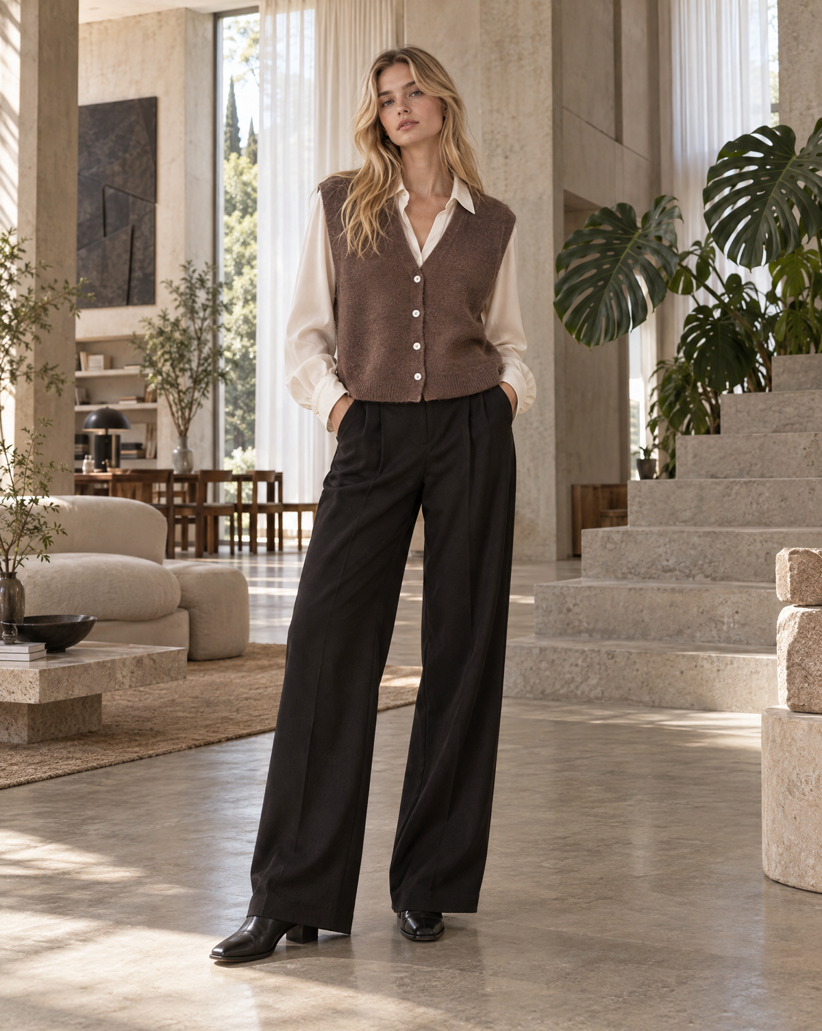 Braune Strickweste über cremefarbener Bluse mit weiter schwarzer Hose