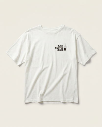 T-Shirt ICED COFFEE CLUB Packshot Vorderseite – weißes Oversized-Shirt, soulsiders