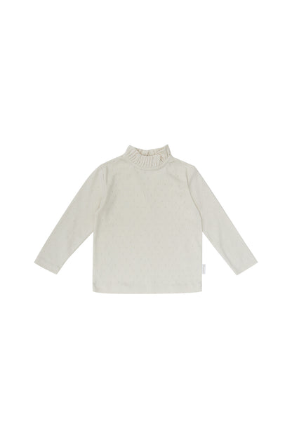 Pointelle Longsleeve mit Rüschenstehkragen