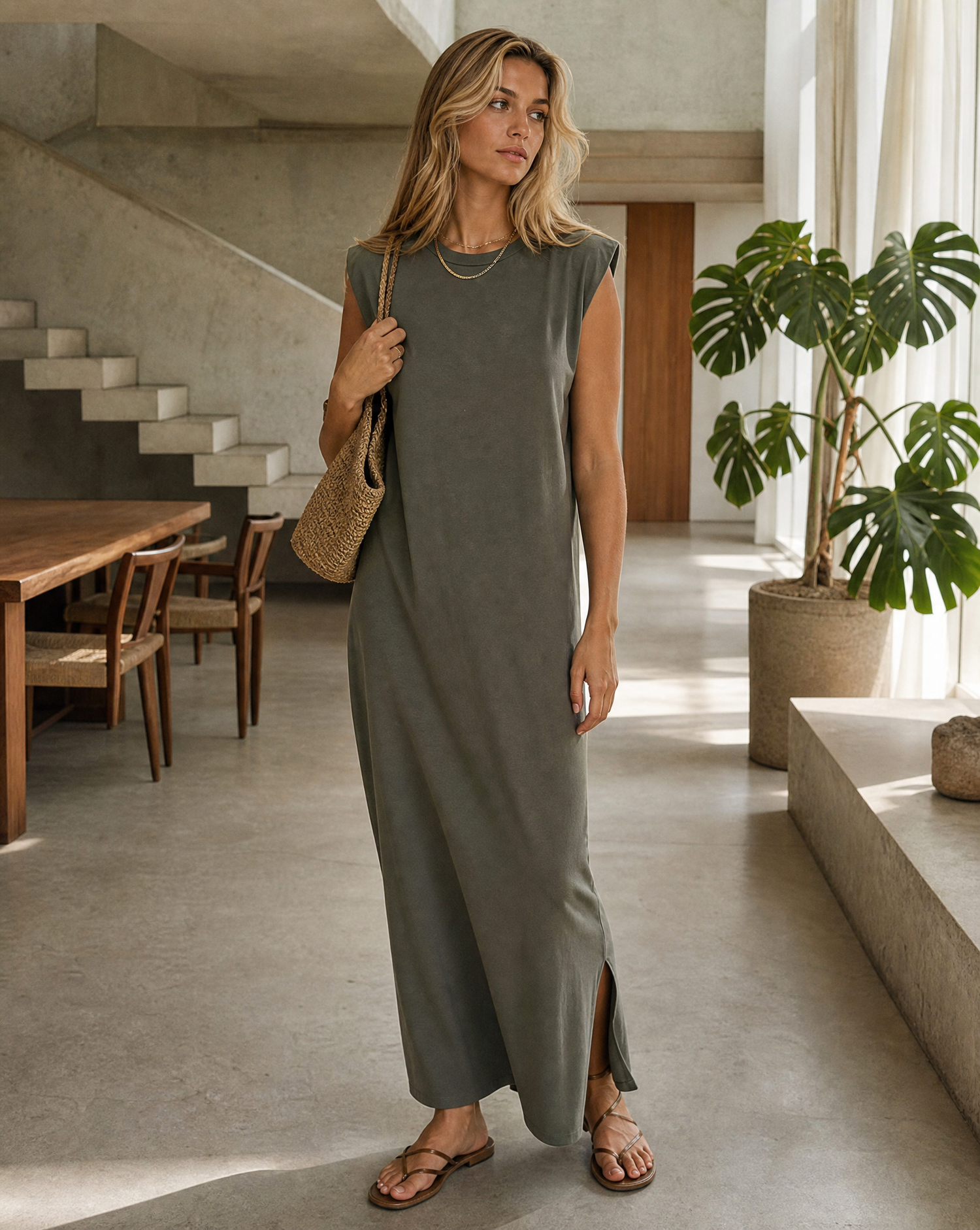 Jerseykleid Base Khaki getragen mit Strohtasche