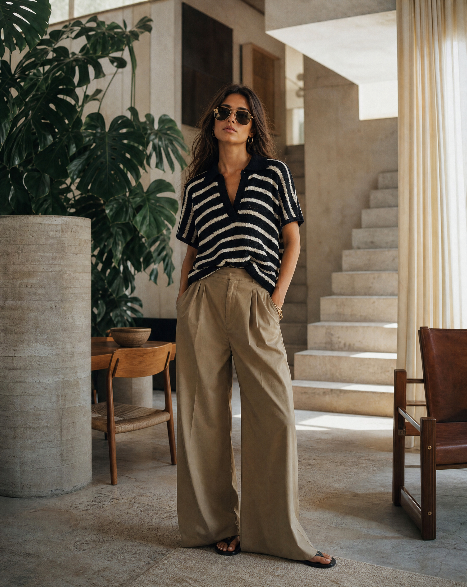 Riviera Stripes Poloshirt getragen mit khakifarbener Hose