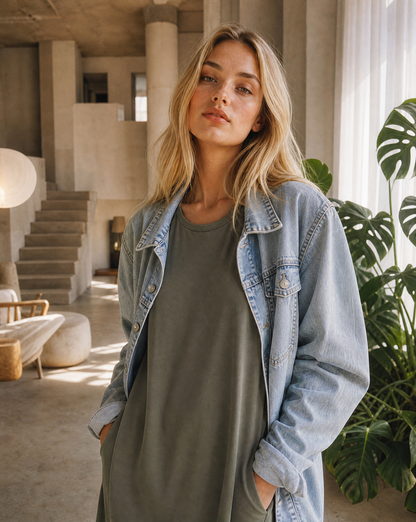 Jerseykleid Base Khaki getragen mit Jeansjacke