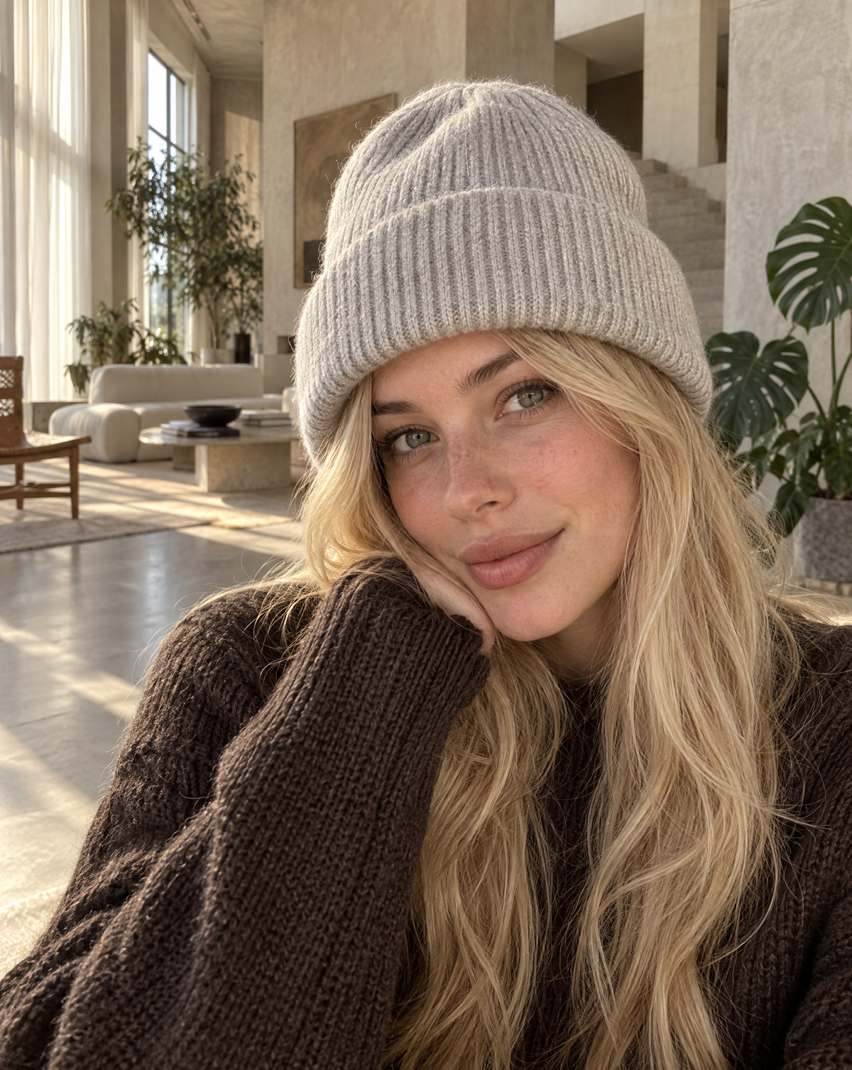 Beige Strickmütze getragen mit dunkelbraunem Strickpullover