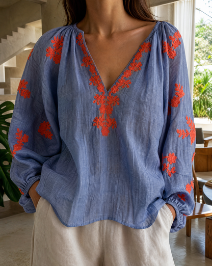 Bluse Agi Blau/Korall Tragebild 2