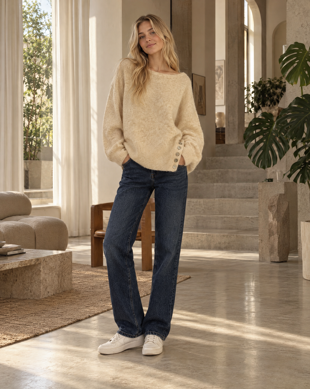 Beiger Strickpullover mit dunkelblauer Jeans und Sneakern