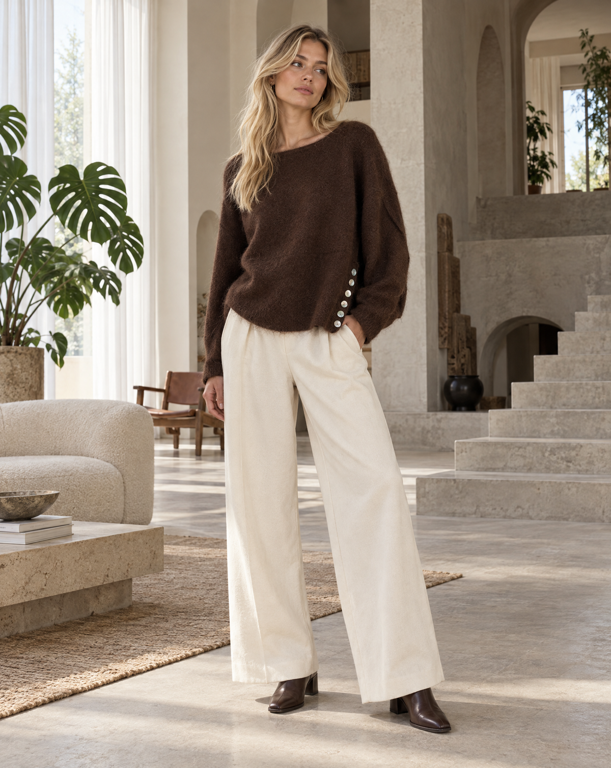 Brauner Strickpullover mit cremefarbener Weitbeinhose und Stiefeletten