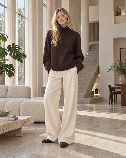 Brauner Pullover Mirella mit cremefarbener Weitbeinhose und Loafern